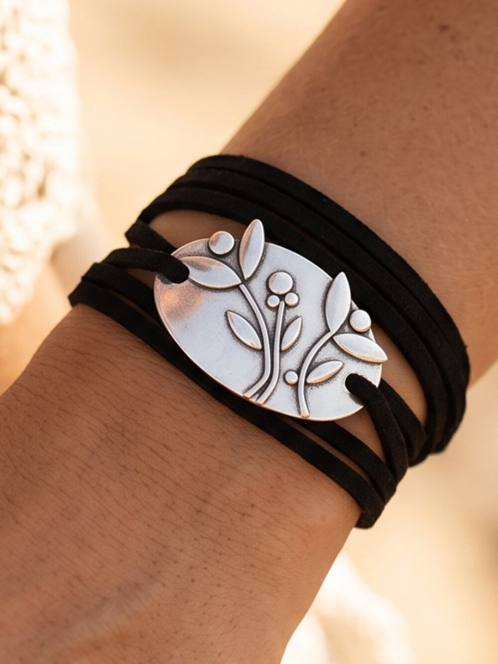 Tie Wrap Floral Silver Bracelet Cuff Boho Gift Bohemian Festival Mothers Day